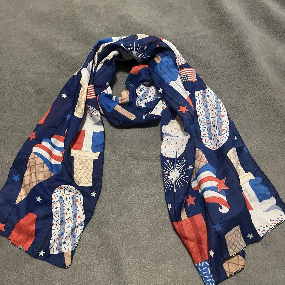 Women's Oblong Scarf Shaw Patriotic Ice Cream Americana Flag  61"x12"‎